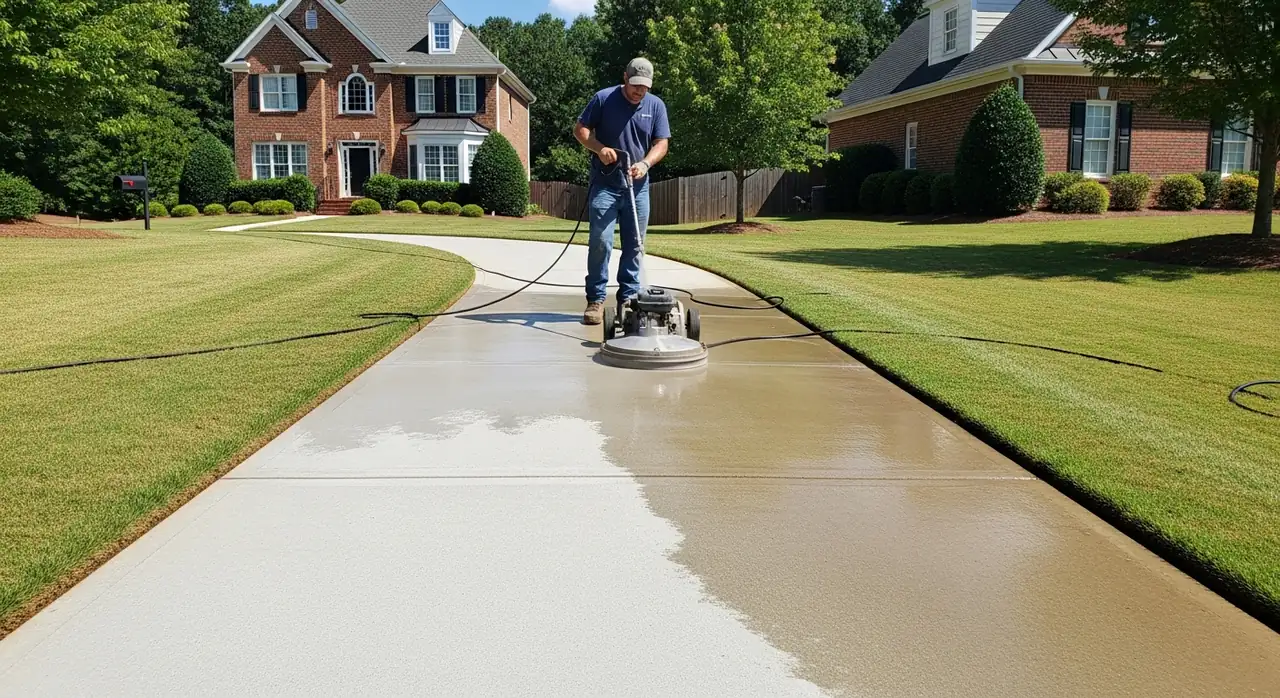 Pressure washing a long concrete sidewalk in front of a brick home in Alpharetta, GA