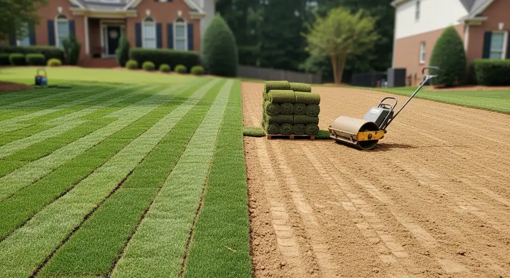 Fresh emerald-green bermuda sod rolls being installed in tight rows at an Alpharetta, GA front yard