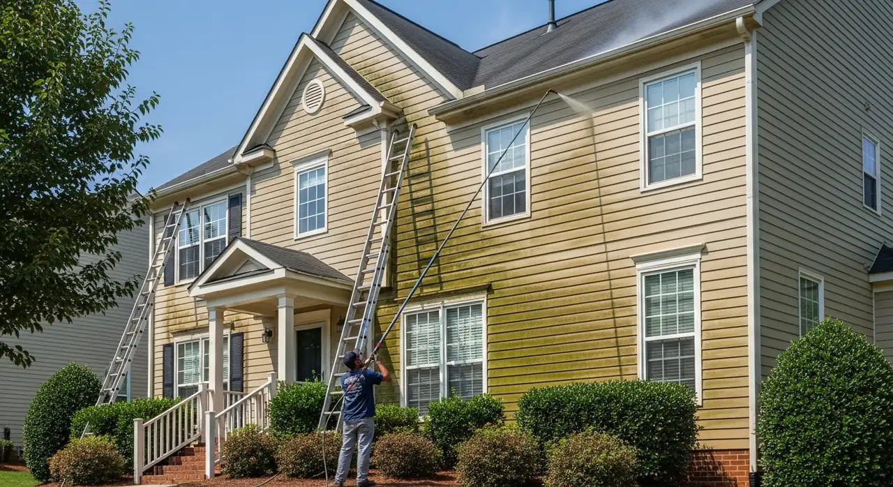 Technician soft washing the vinyl siding of a two-story home in Alpharetta, GA