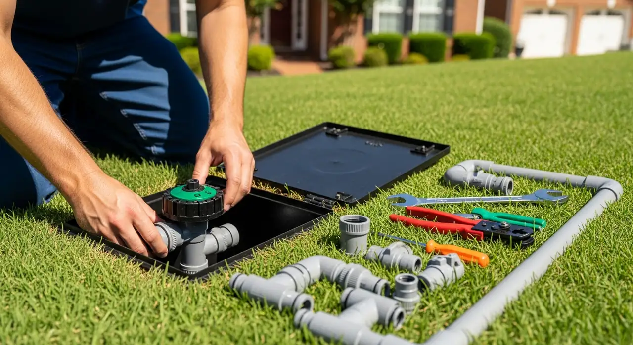 Irrigation technician repairing a sprinkler valve box on an Alpharetta, GA lawn