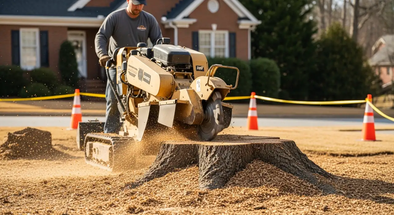Worker operating a self-propelled stump grinder cutting into a large oak stump in Alpharetta, GA