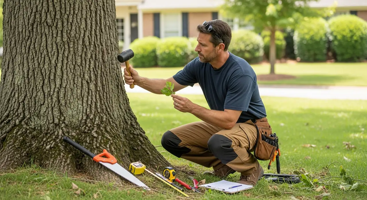 Arborist performing a tree health assessment on a mature oak in Alpharetta, GA