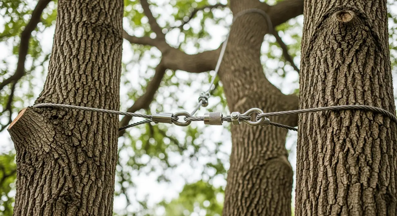 Steel cable and brace system installed high in the canopy of a mature oak in Alpharetta, GA