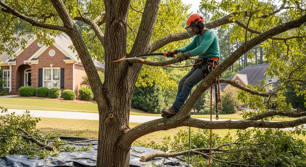 Certified arborist pruning a small branch on a mature oak in Alpharetta, GA