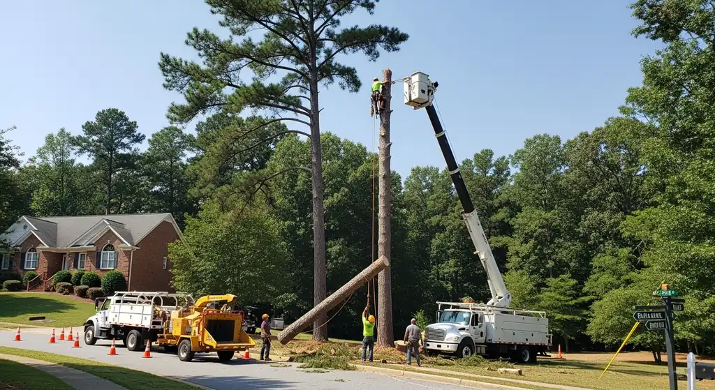 Tall mature pine tree being removed in sections with rigging ropes by a tree service crew in Alpharetta, GA