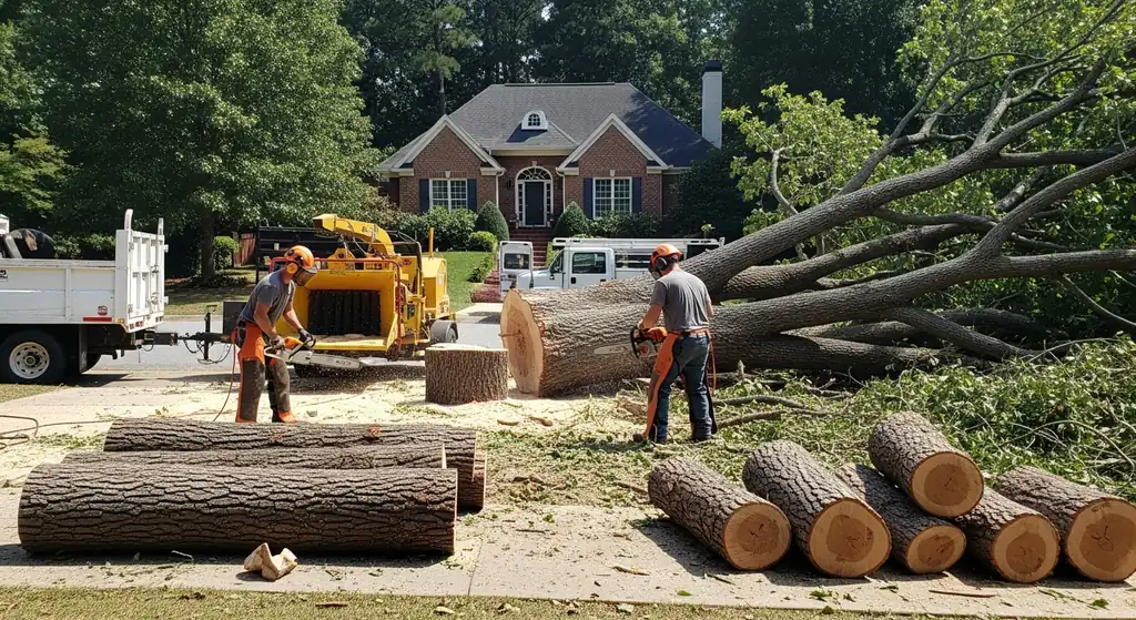 Tree removal crew sectioning a large fallen oak with chainsaws in an Alpharetta, GA front yard