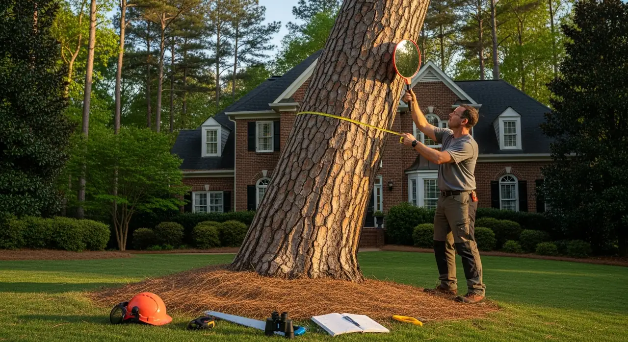 Arborist performing a tree risk assessment on a leaning mature pine in Alpharetta, GA