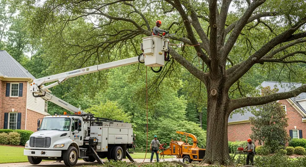 Tree service crew with bucket truck working on a mature oak in Alpharetta, GA