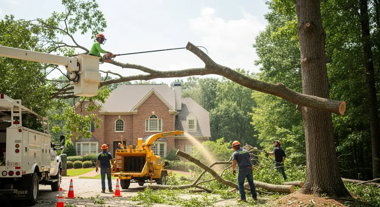 Crew trimming hardwood branches with a bucket truck on an Alpharetta, GA driveway