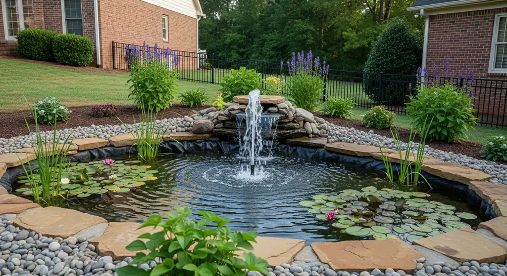 Newly installed garden pond with a bubbling rock fountain and water lilies at an Alpharetta, GA home