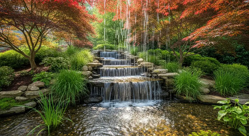 Multi-tier natural stone backyard waterfall cascading into a pebble-bottomed pond in Alpharetta, GA