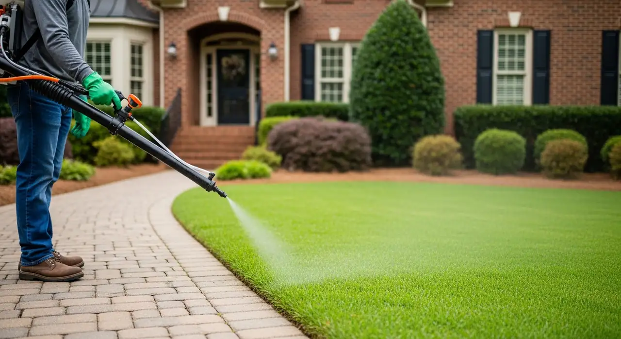 Worker applying targeted weed control along a paver walkway edge in Alpharetta, GA