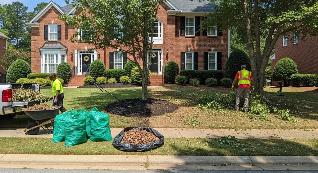 Crew bagging branches and raking leaves during a yard cleanup at a brick home in Alpharetta, GA